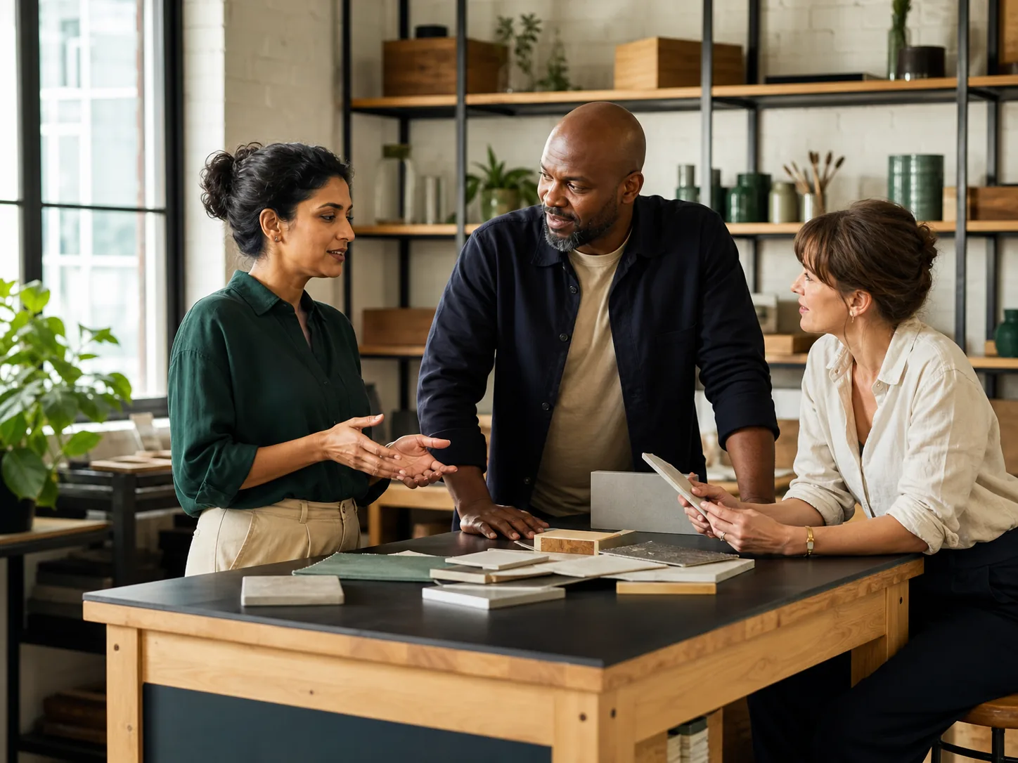 Three business owners discussing growth in a daylight workshop
