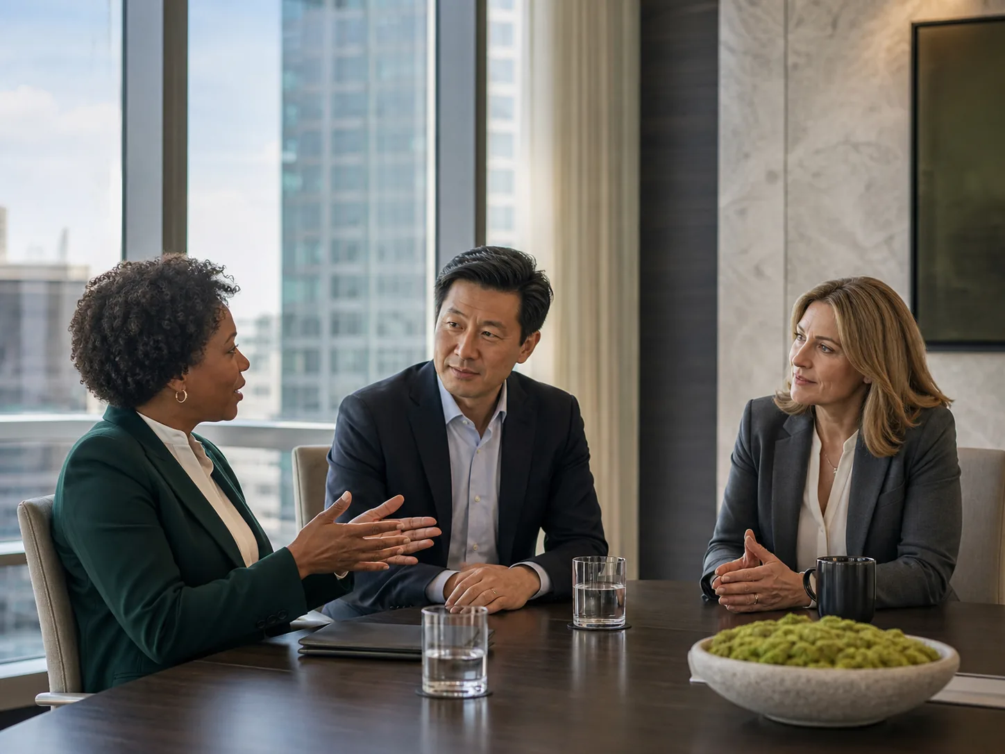 Three senior corporate executives in a daylight boardroom discussion