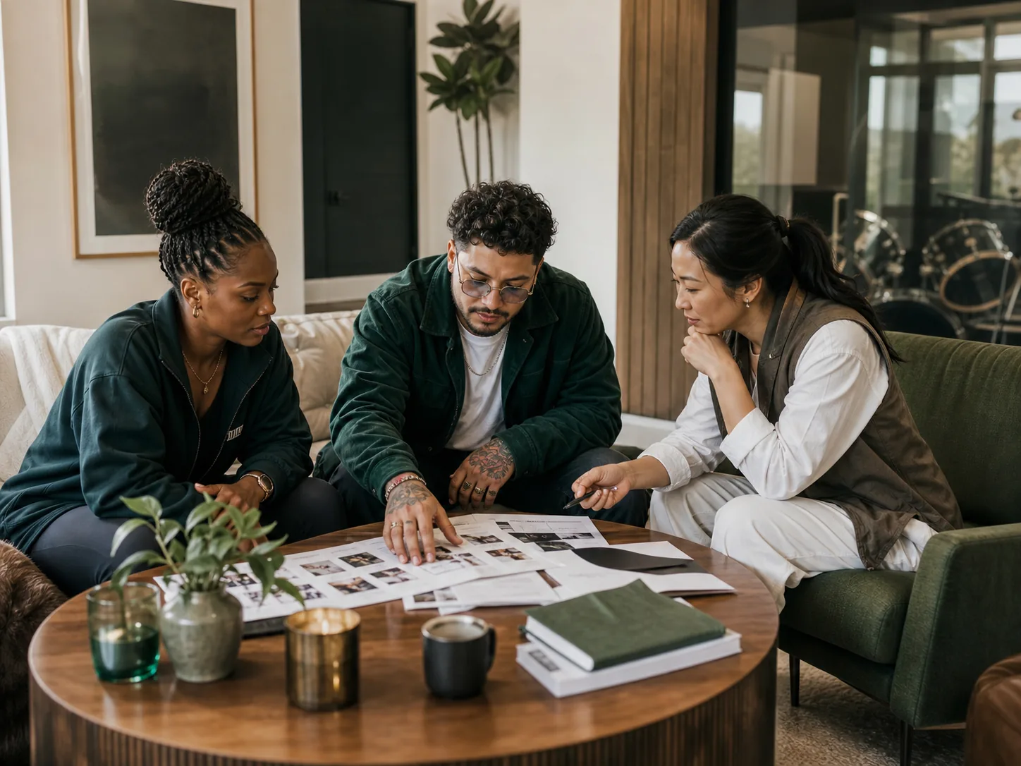Athlete, creator, and business manager reviewing a brand plan in a private studio